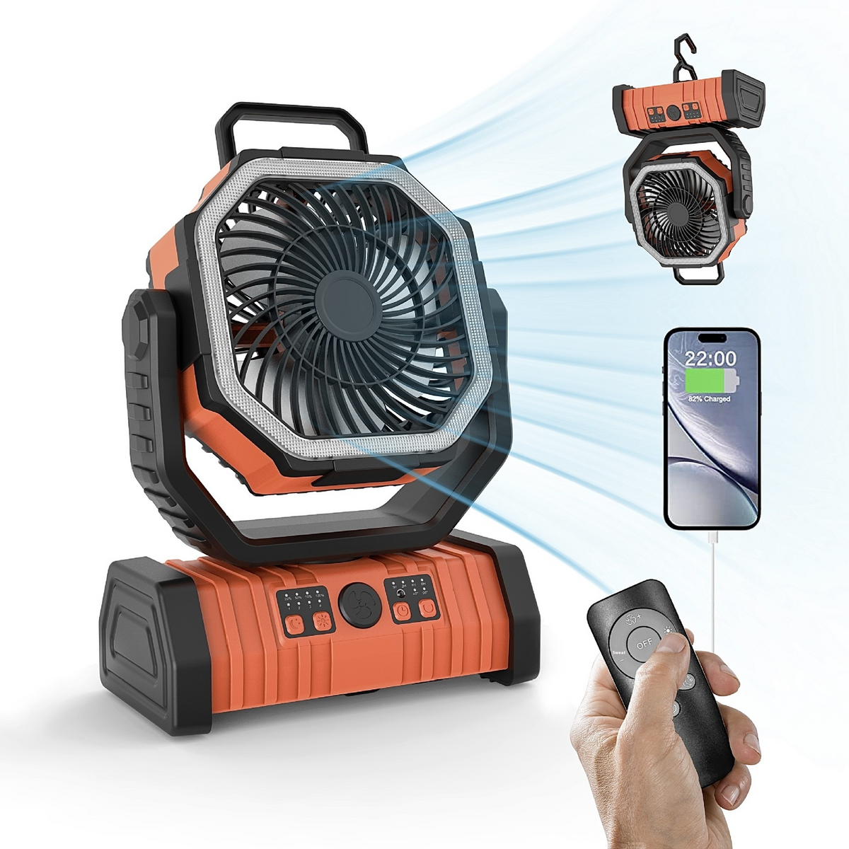 Ventilador de camping con luz LED y batería externa para el hogar.