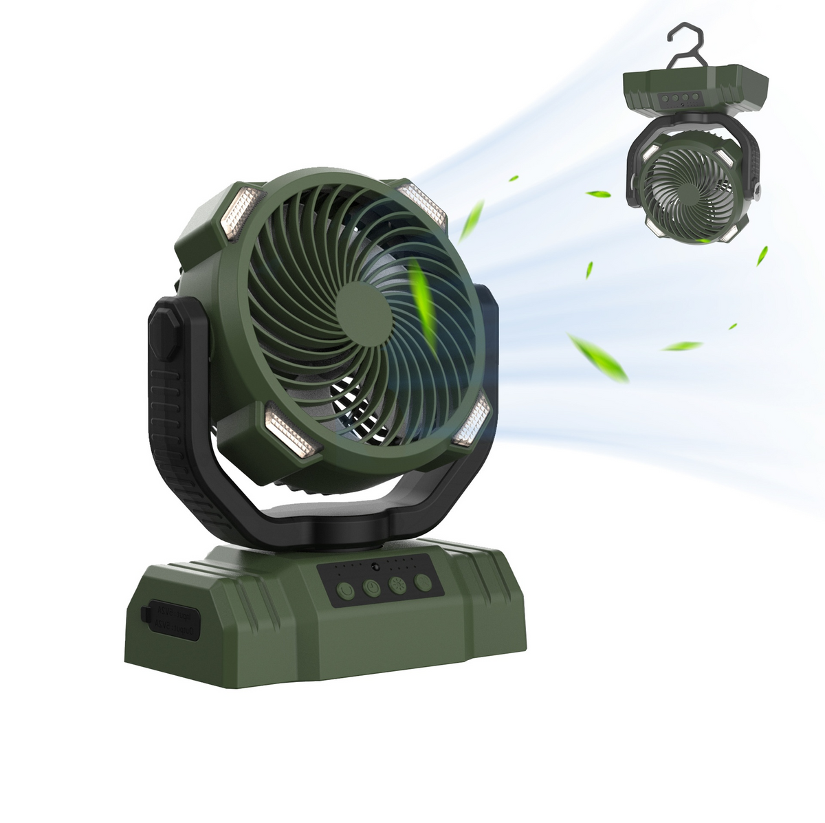 Ventilador de camping con luz LED y batería externa para el hogar.
