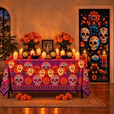 Kit Ofrenda: Mantel, Guirnalda, Velas, Farol y Funda Para Puerta