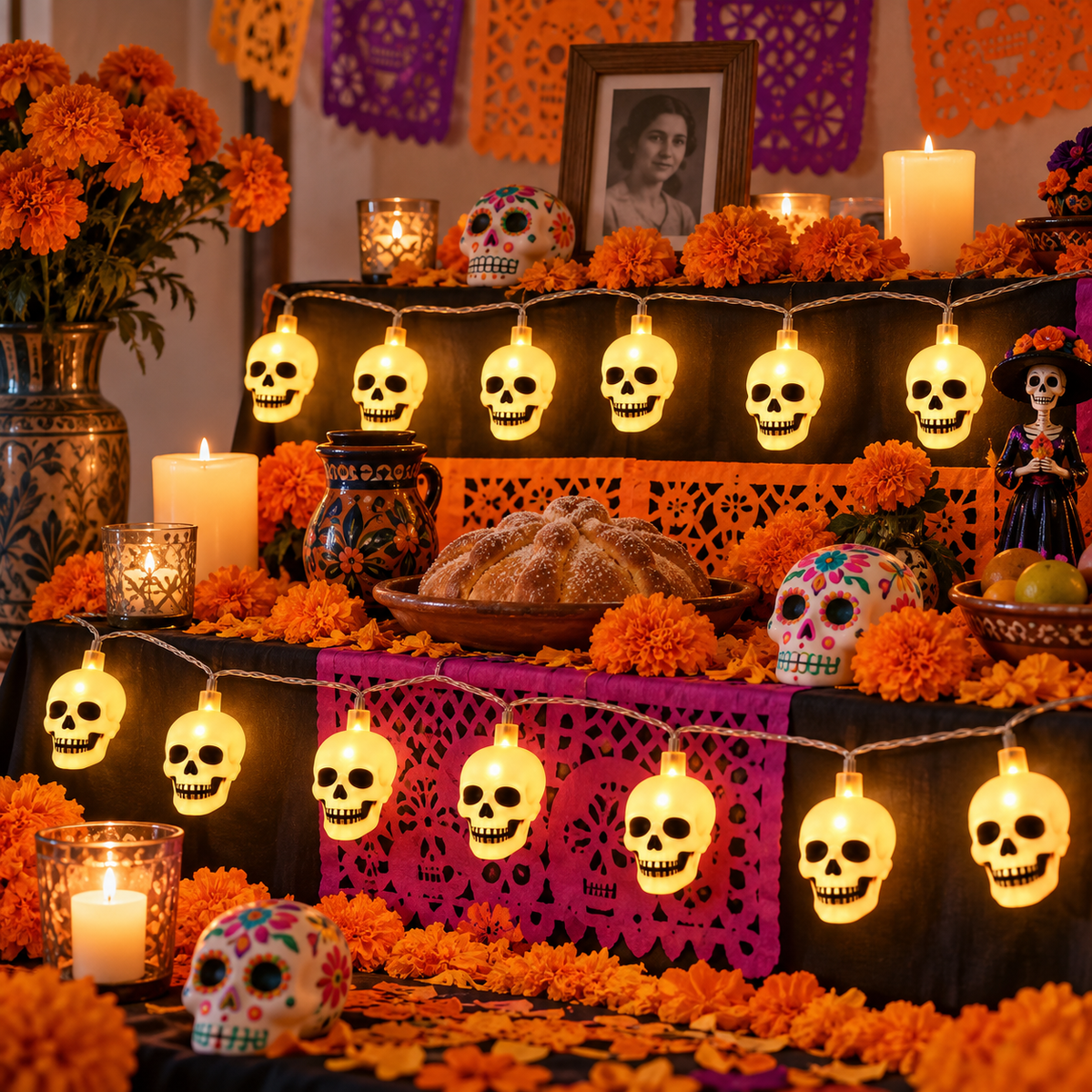 Kit Ofrenda: Mantel, Guirnalda, Velas, Farol y Funda Para Puerta