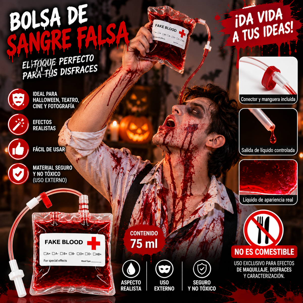 3 Bolsas de Sangre Falsa con Manguera – Maquillaje y Efectos Especiales