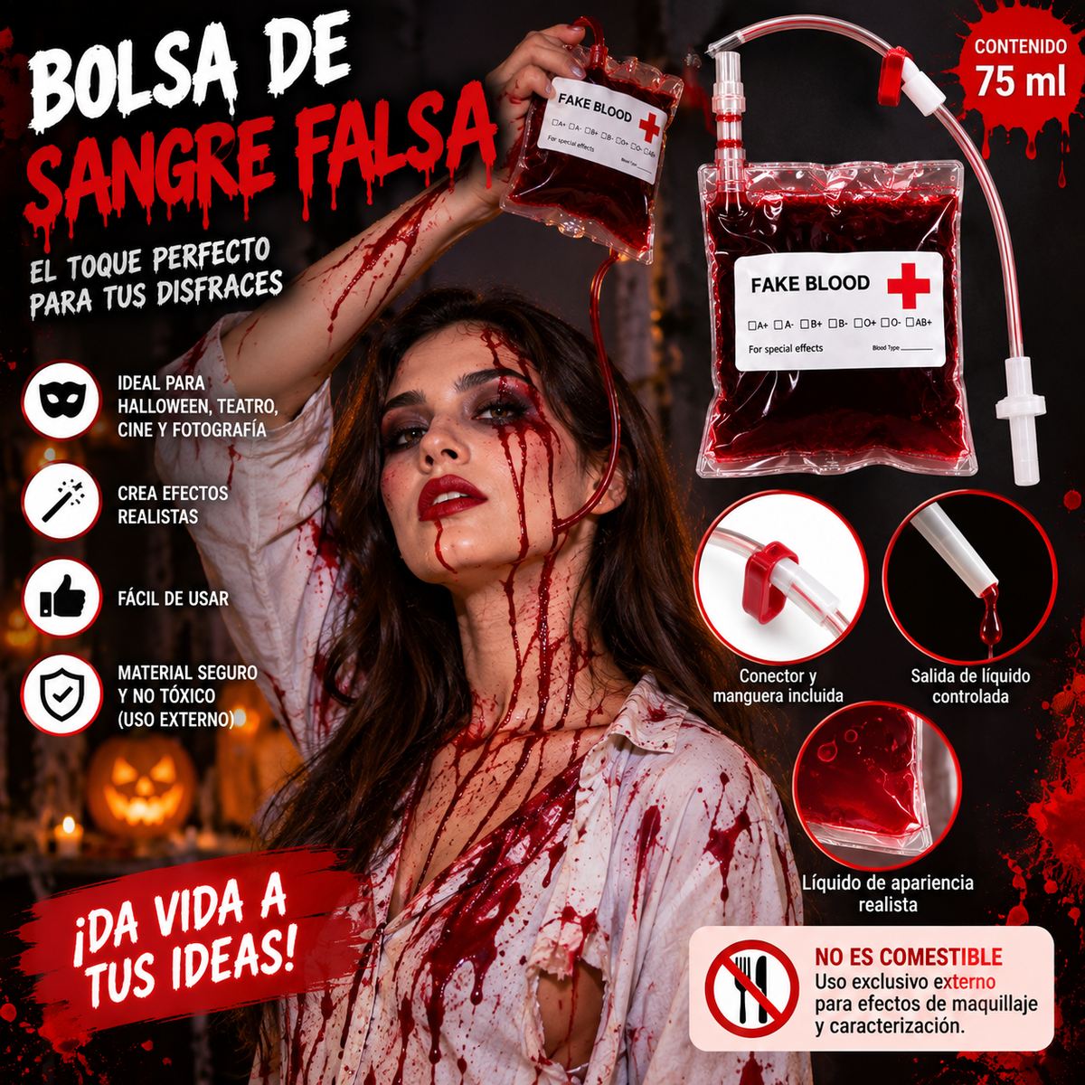 3 Bolsas de Sangre Falsa con Manguera – Maquillaje y Efectos Especiales