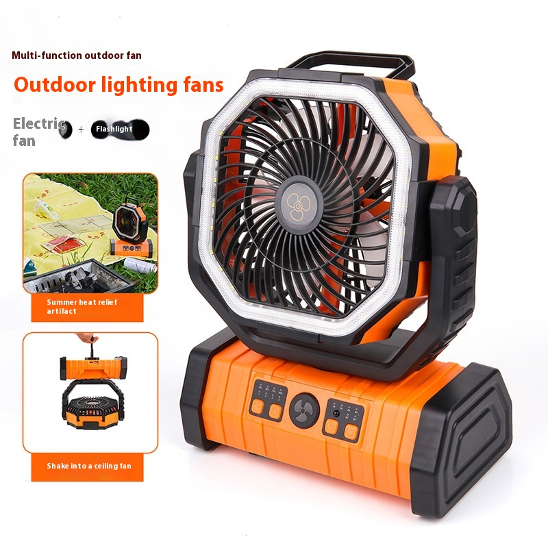 Ventilador de camping con luz LED y batería externa para el hogar.
