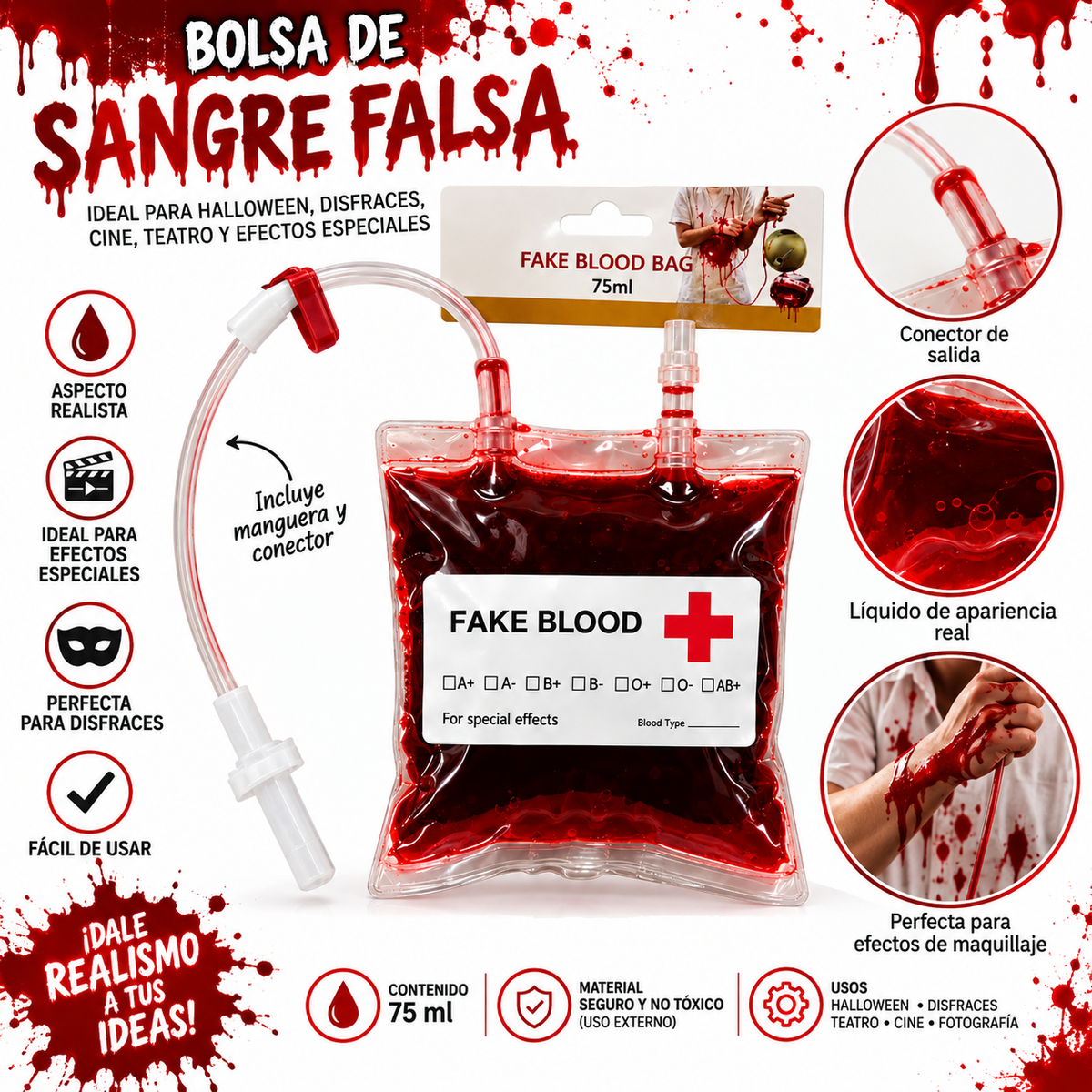 3 Bolsas de Sangre Falsa con Manguera – Maquillaje y Efectos Especiales