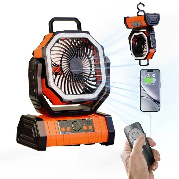 Ventilador de camping con luz LED y batería externa para el hogar.