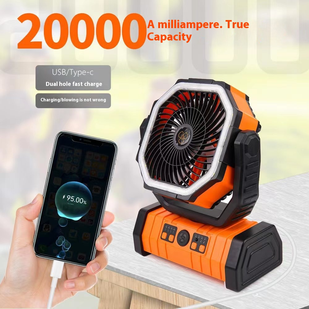Ventilador de camping con luz LED y batería externa para el hogar.