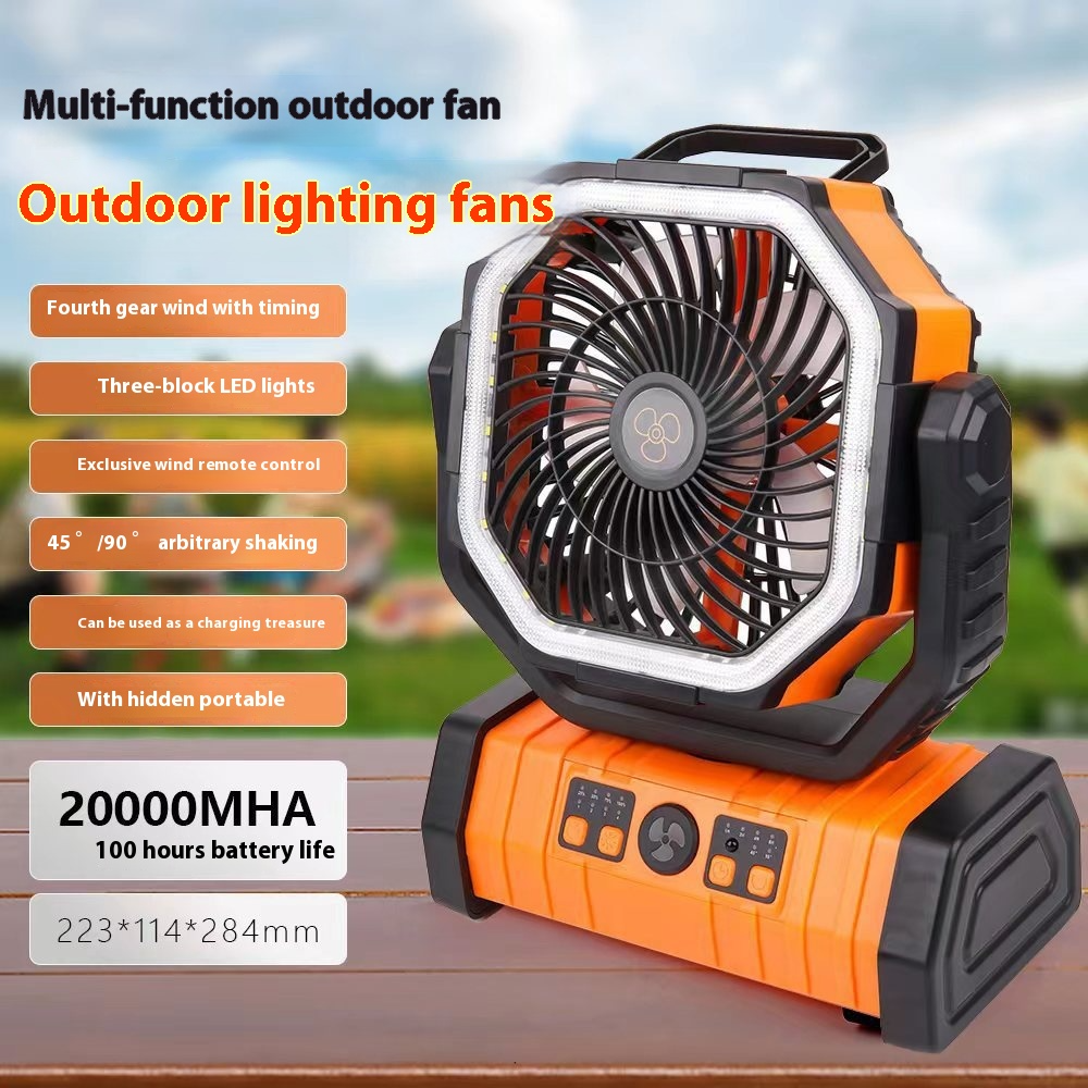 Ventilador de camping con luz LED y batería externa para el hogar.