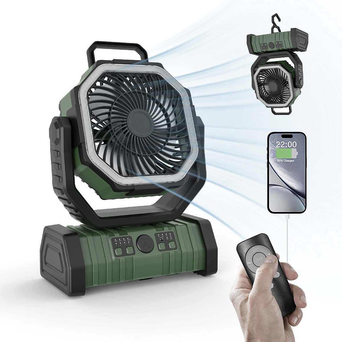 Ventilador de camping con luz LED y batería externa para el hogar.