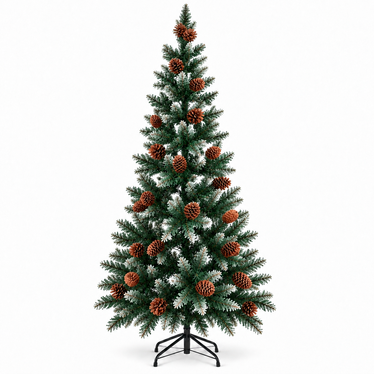 Árbol de Navidad Nevado con Piñas y Base Metálica