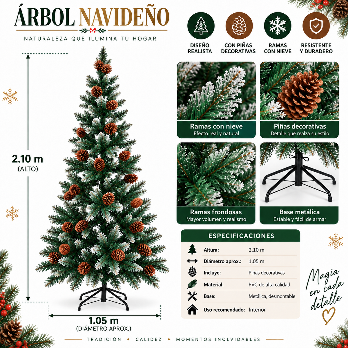 Árbol de Navidad Nevado con Piñas y Base Metálica