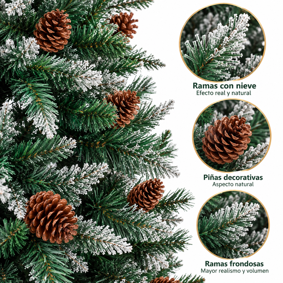 Árbol de Navidad Nevado con Piñas y Base Metálica
