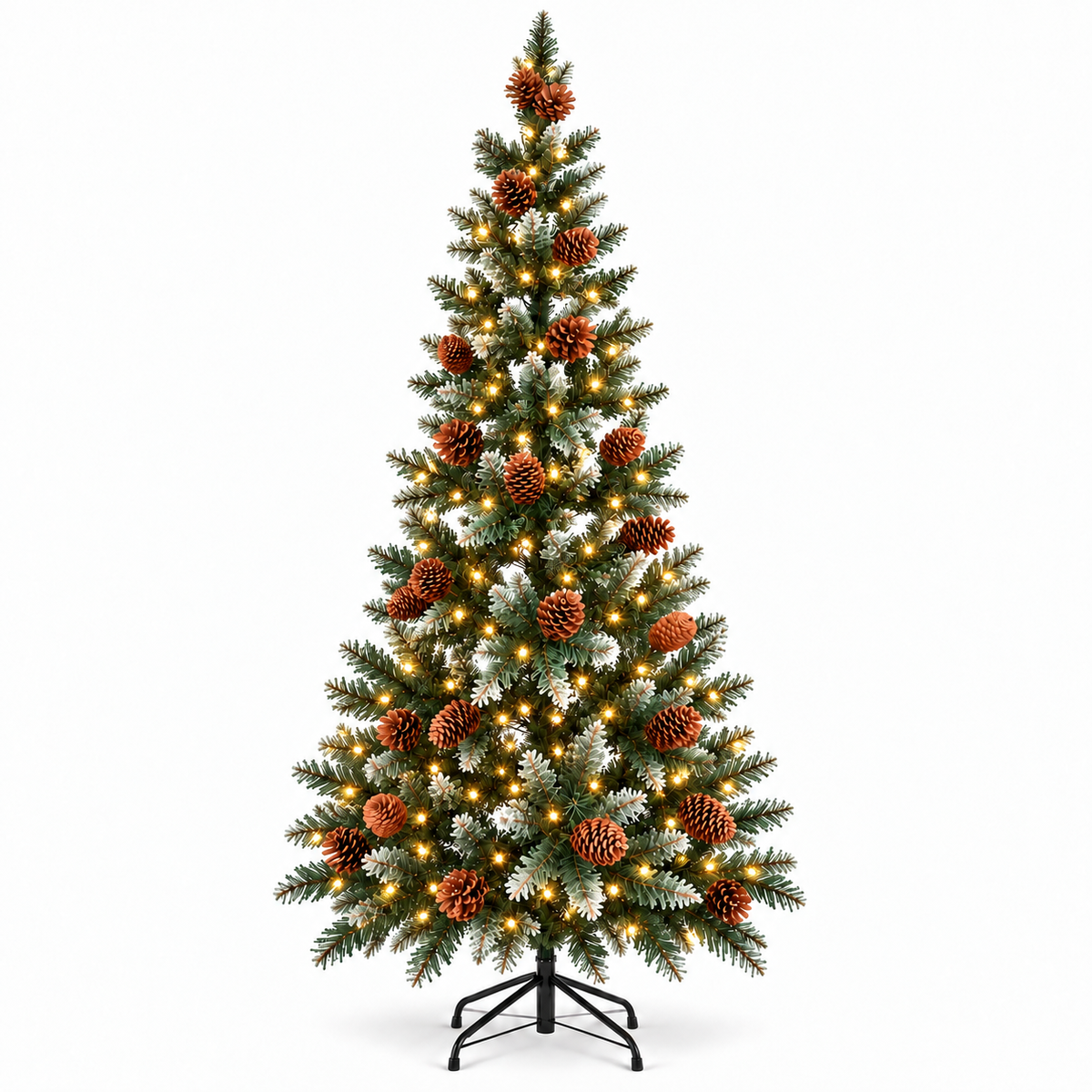 Árbol de Navidad Nevado con Piñas y Base Metálica
