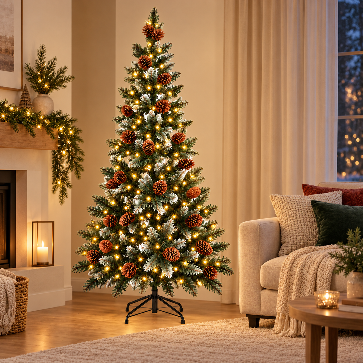 Árbol de Navidad Nevado con Piñas y Base Metálica