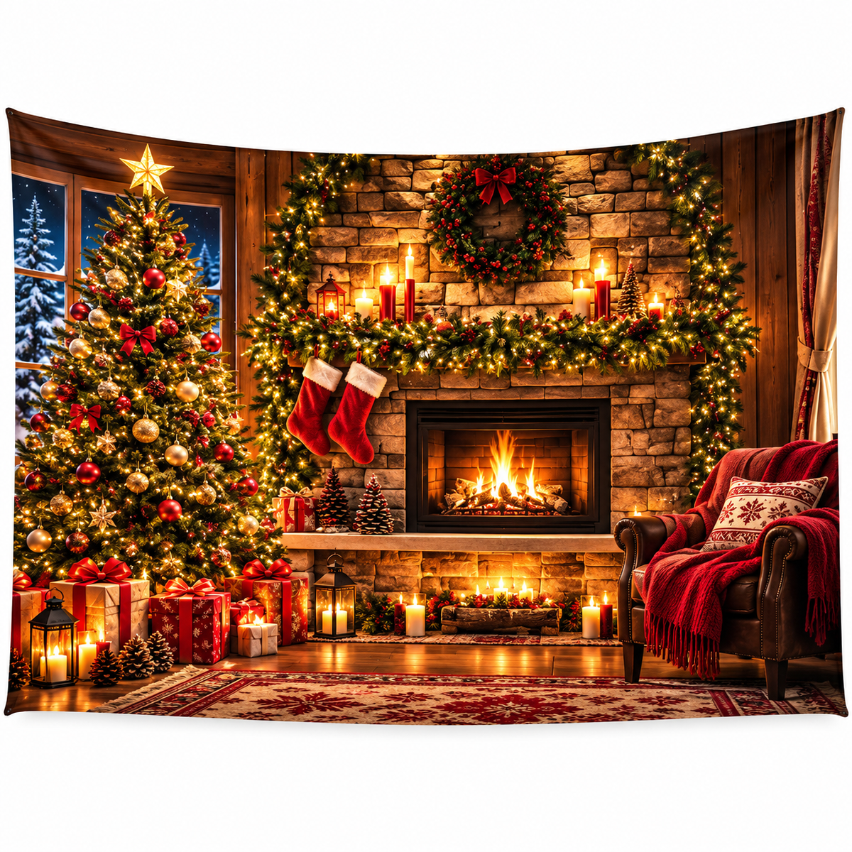 Telón Navideño Chimenea y Árbol