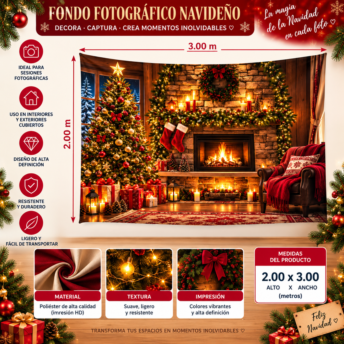Telón Navideño Chimenea y Árbol