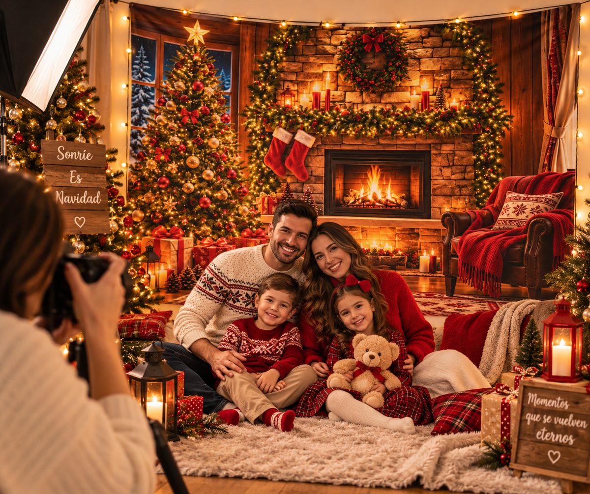 Telón Navideño Chimenea y Árbol