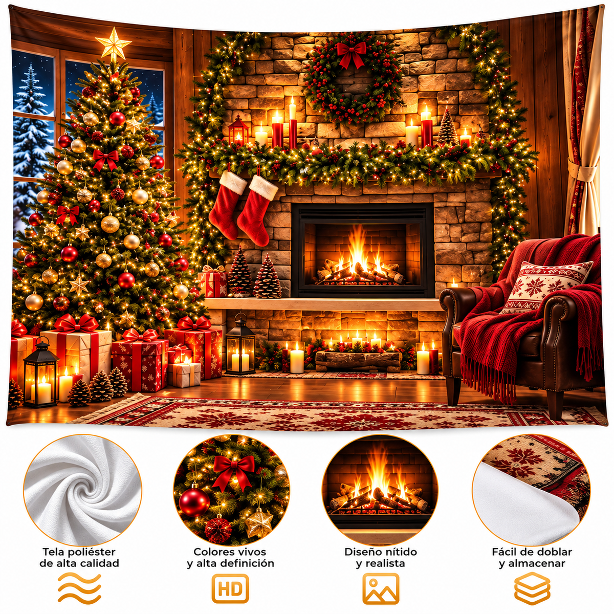 Telón Navideño Chimenea y Árbol