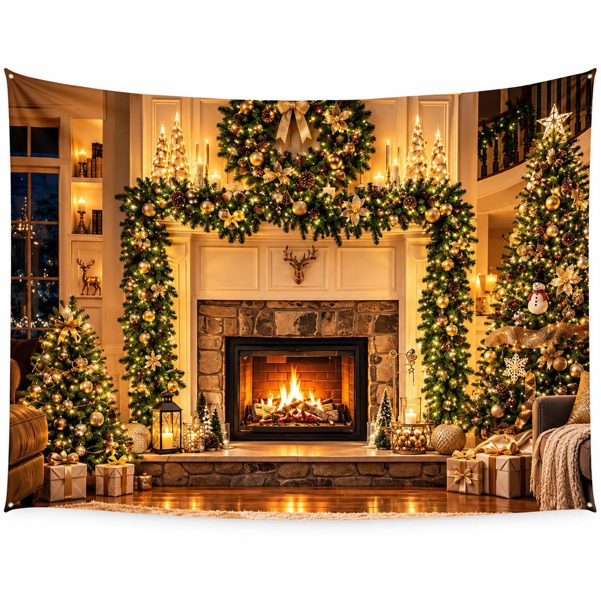 Telón Navideño Corona y Chimenea