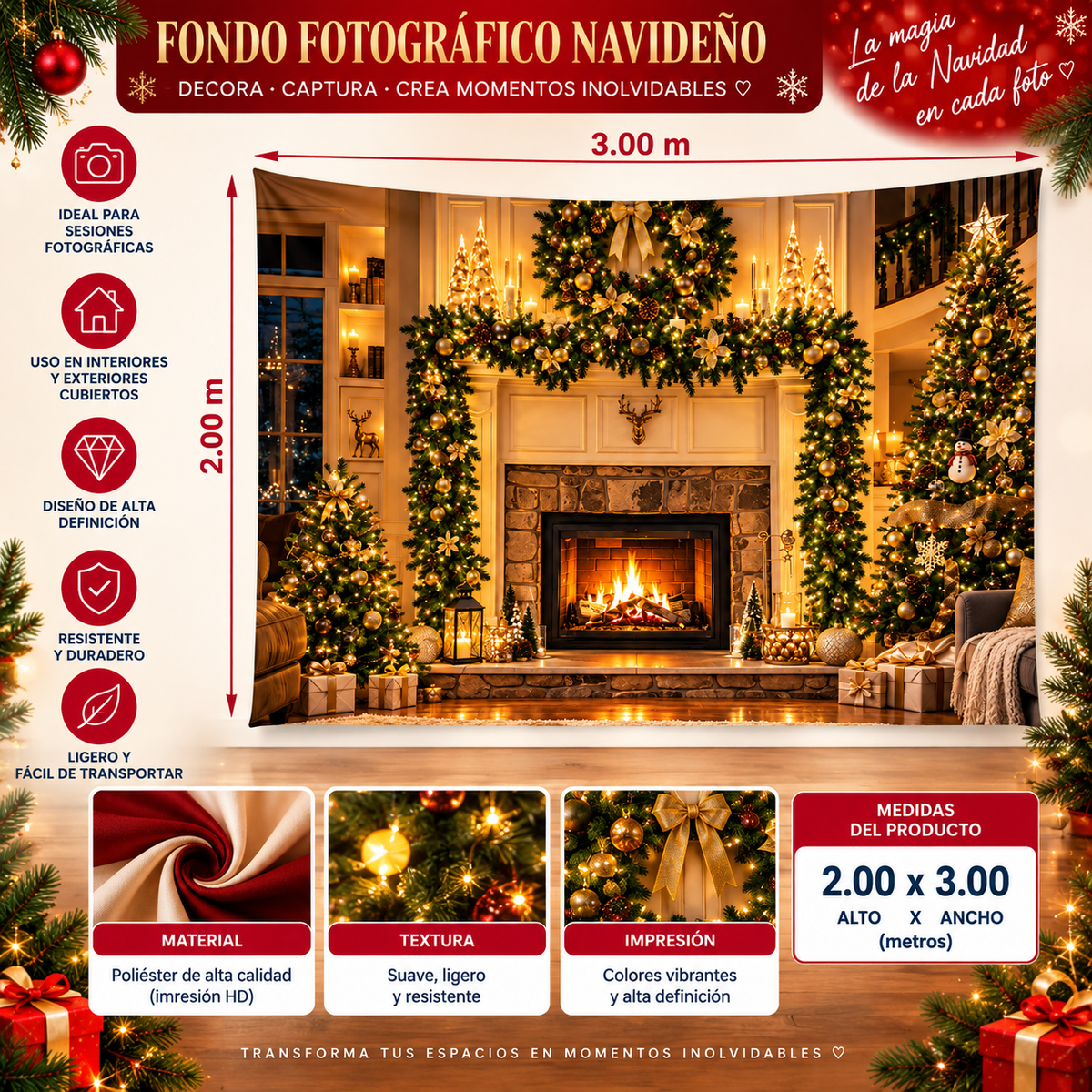 Telón Navideño Corona y Chimenea