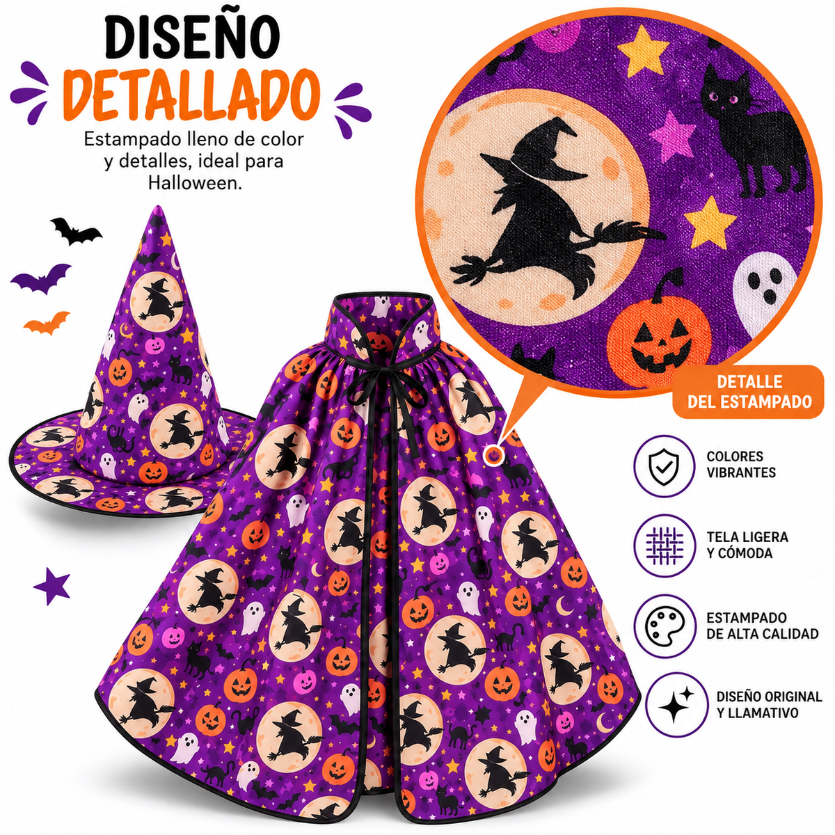 Disfraz de Brujita con Capa y Sombrero Morado – Set Infantil