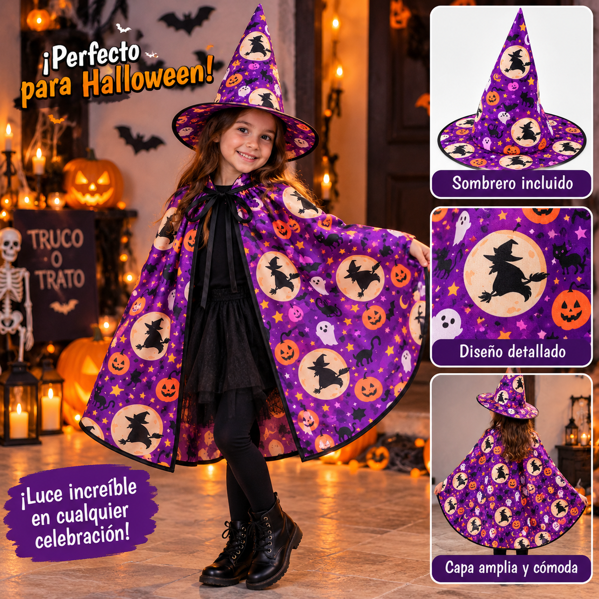 Disfraz de Brujita con Capa y Sombrero Morado – Set Infantil