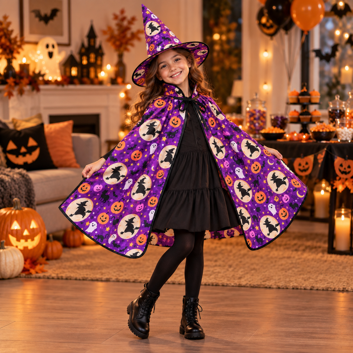 Disfraz de Brujita con Capa y Sombrero Morado – Set Infantil