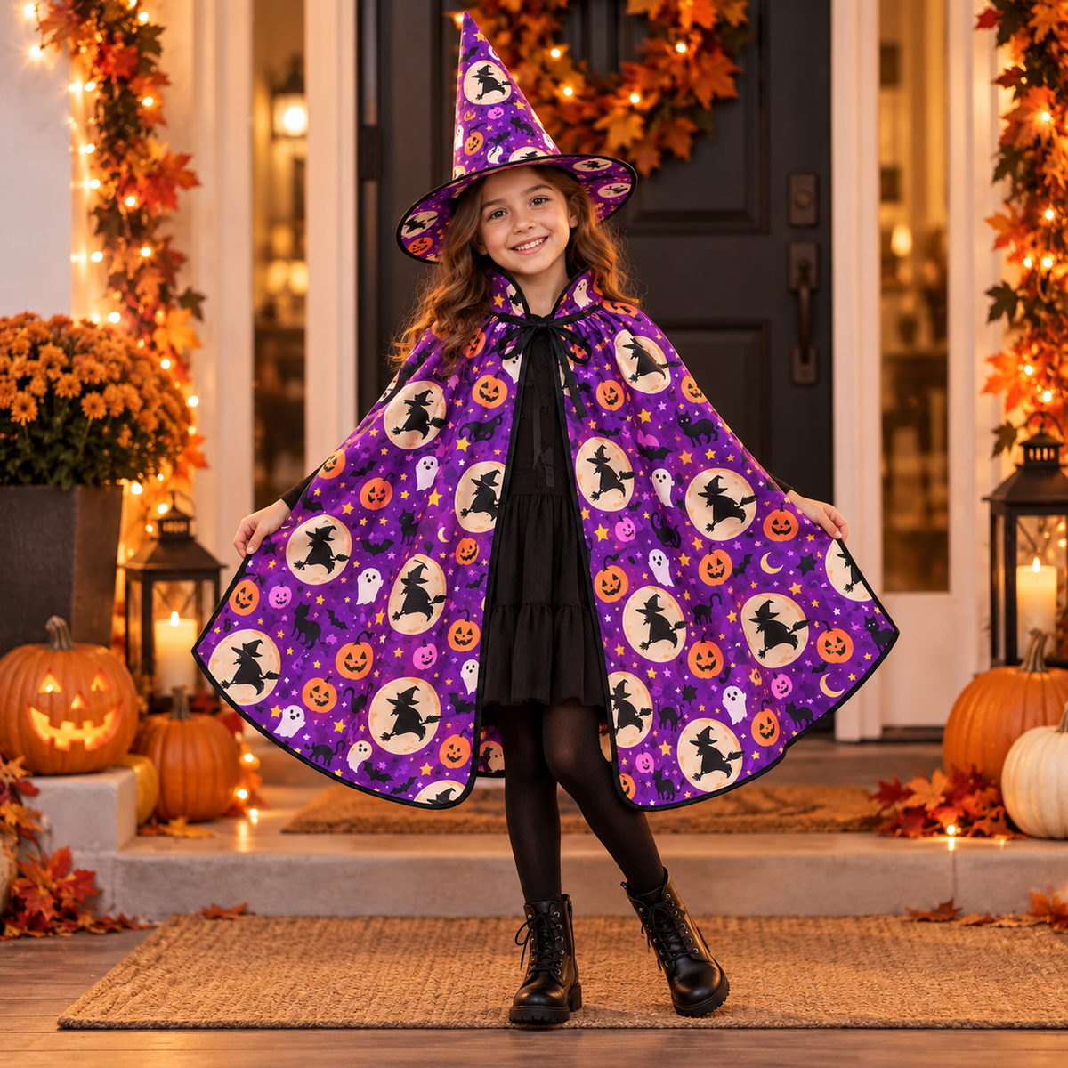 Disfraz de Brujita con Capa y Sombrero Morado – Set Infantil