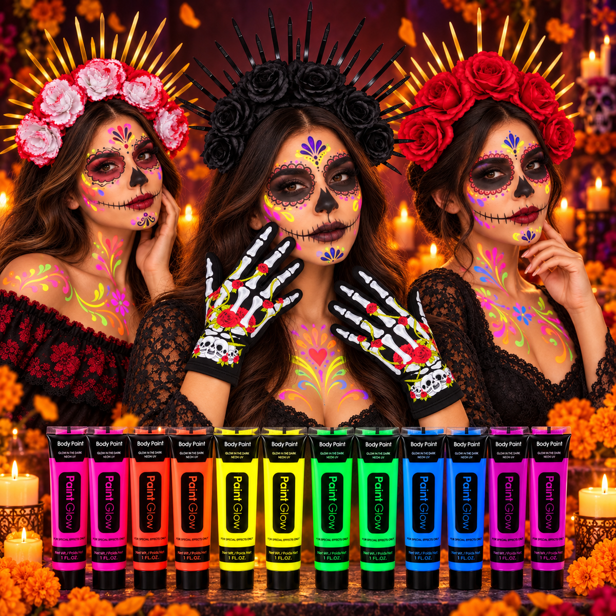 Kit Catrina: 3 Diademas, 1 Guantes y 12 Pinturas Corporales