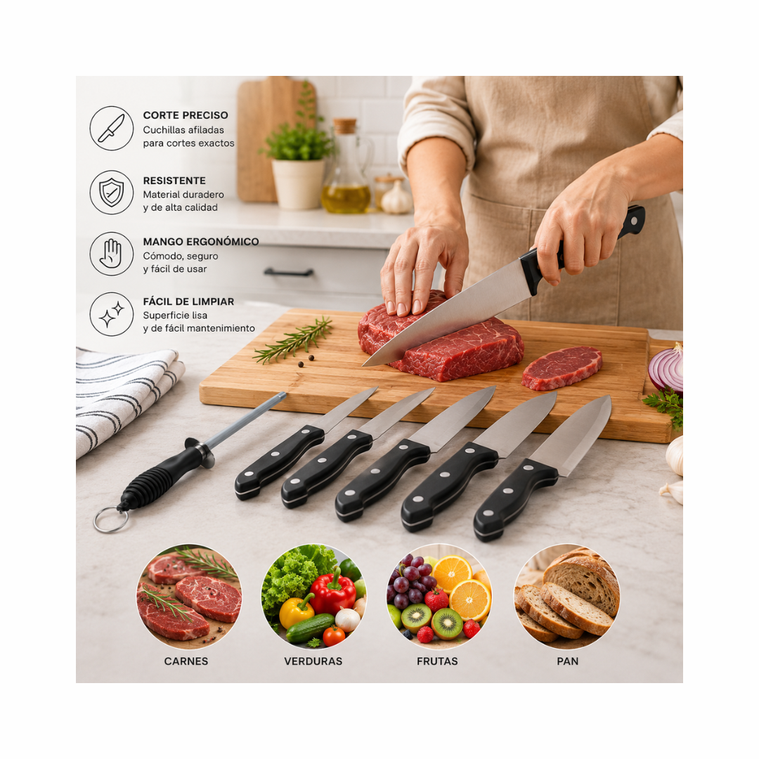7 Cuchillos Para Cocina Con Tabla de Corte (Set De 7 Piezas)
