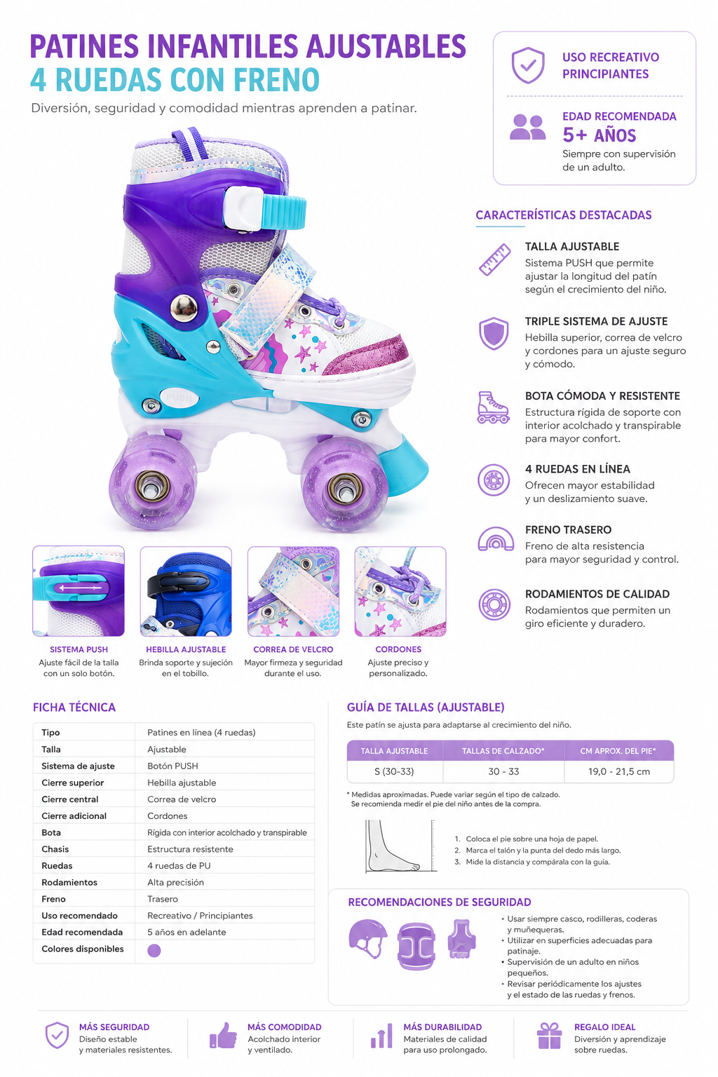 Patines Infantiles Morados De 4 Ruedas Con Luz