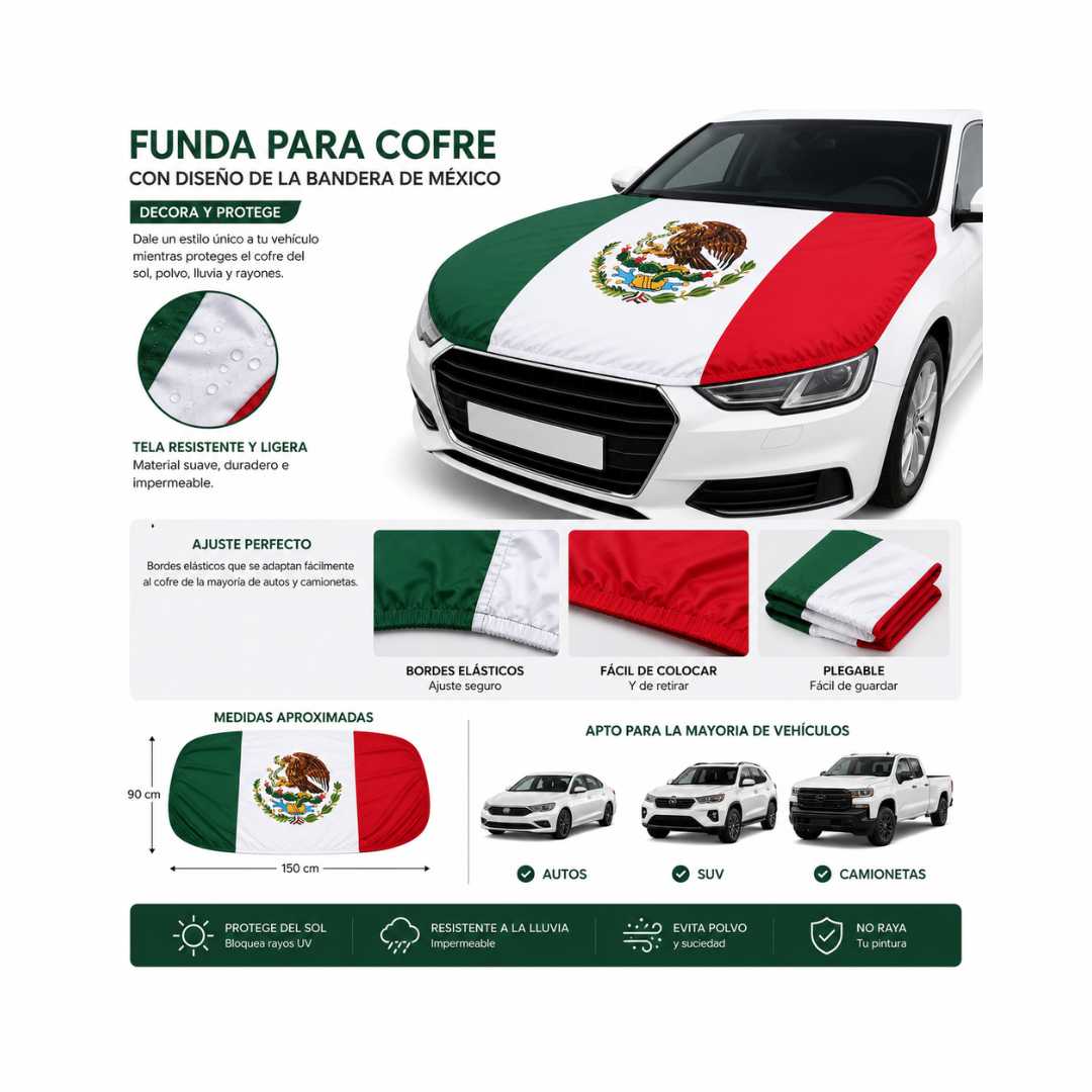 Funda Cubre Cofre De Auto Con Bandera De México Patriótica