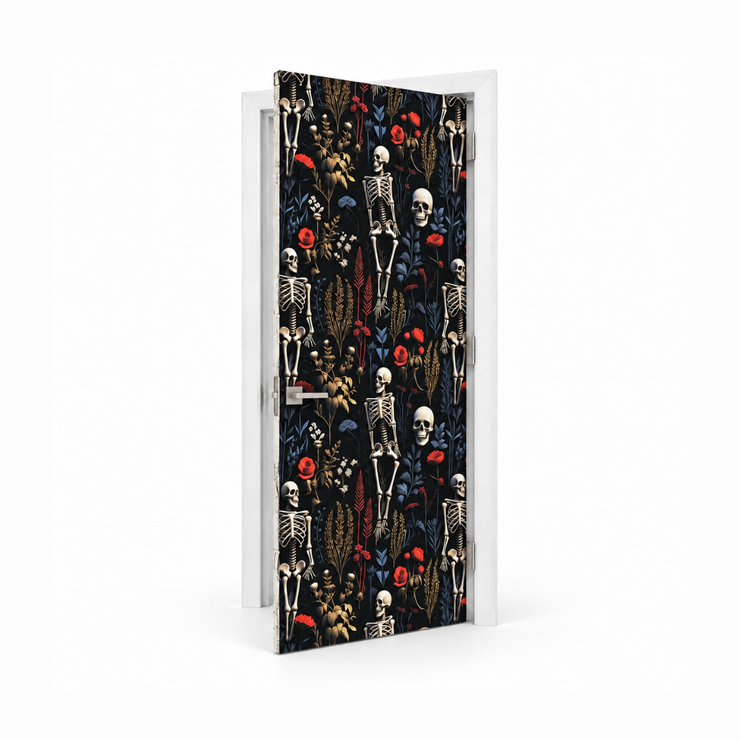 Funda para Puertas Dia de Muertos - Patrón de Esqueletos y Flores