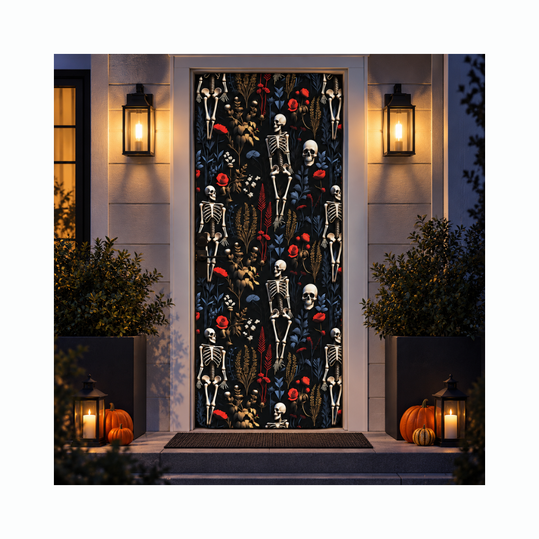 Funda para Puertas Dia de Muertos - Patrón de Esqueletos y Flores