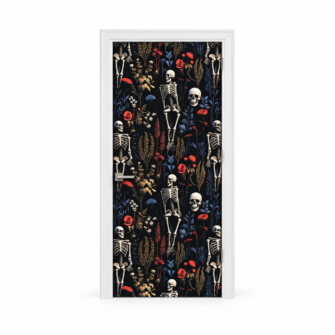 Funda para Puertas Dia de Muertos - Patrón de Esqueletos y Flores