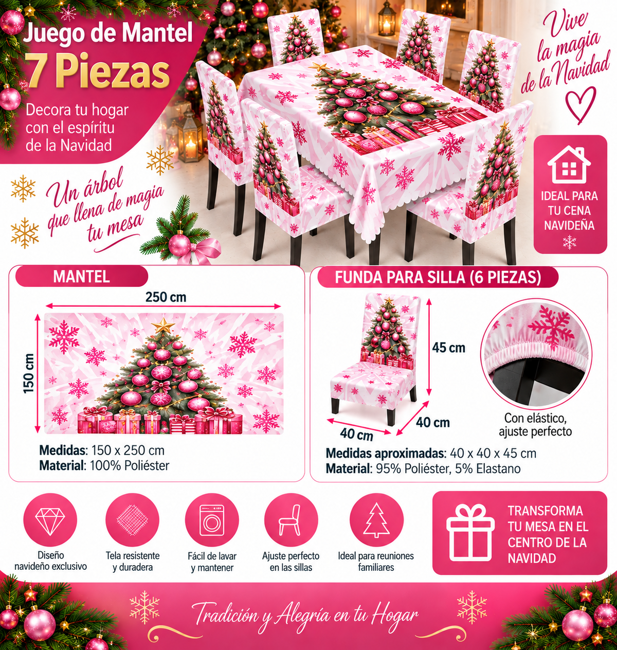 Mantel Navideño Con Diseño Árbol Rosa