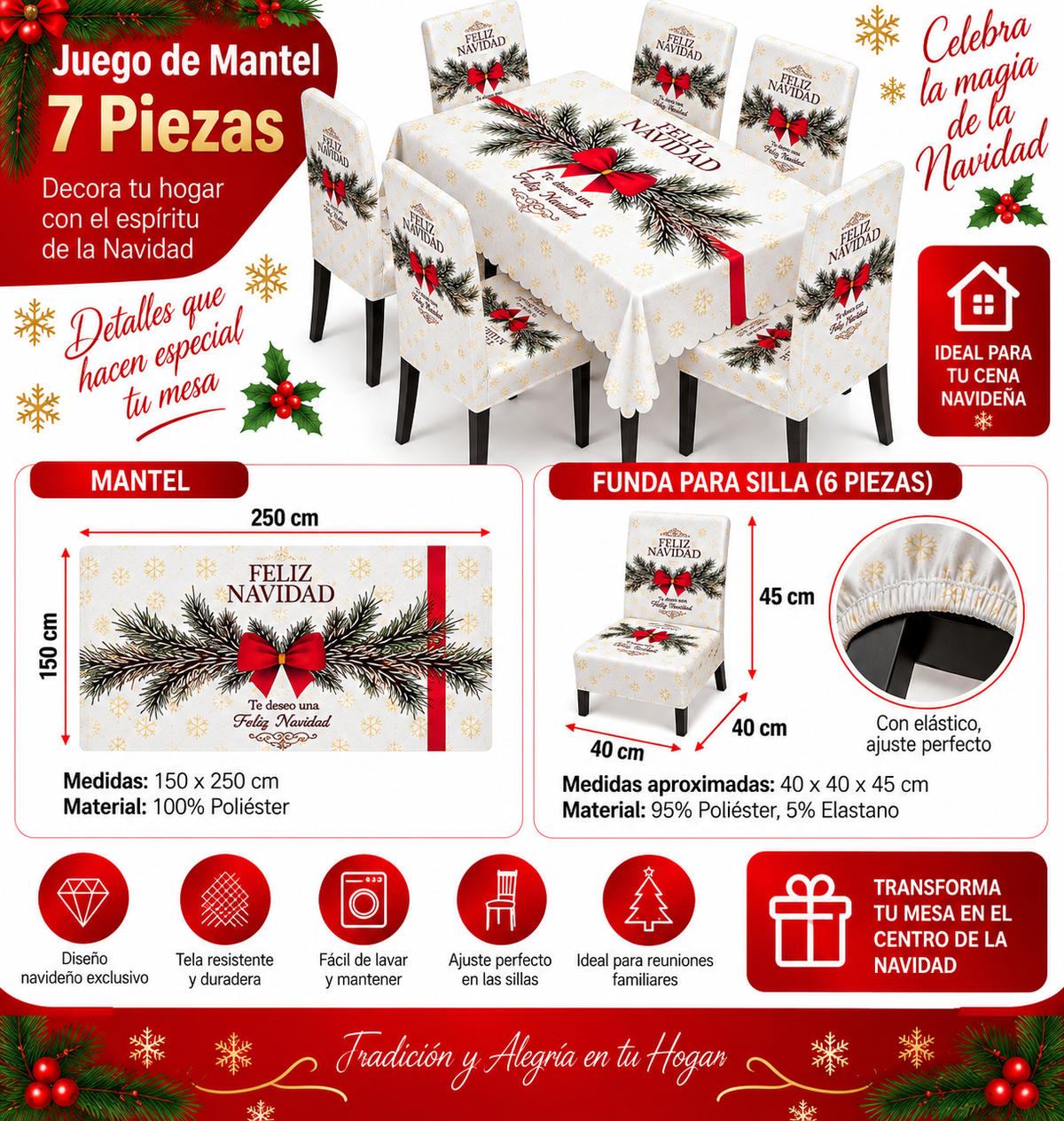 Mantel Navideño Con Diseño Blanco Moño