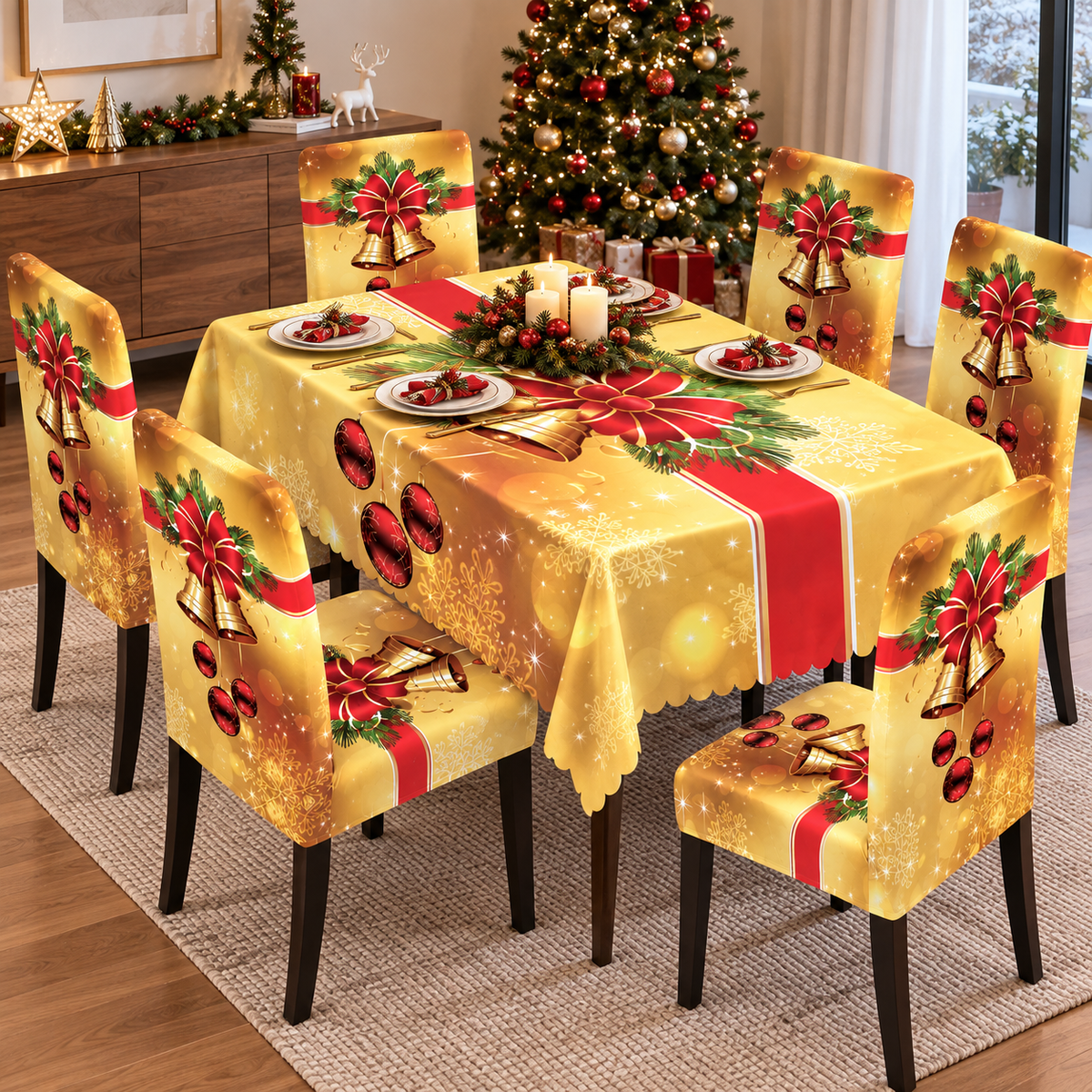Mantel Y Fundas de Silla Navideño Con Diseño de Campanas