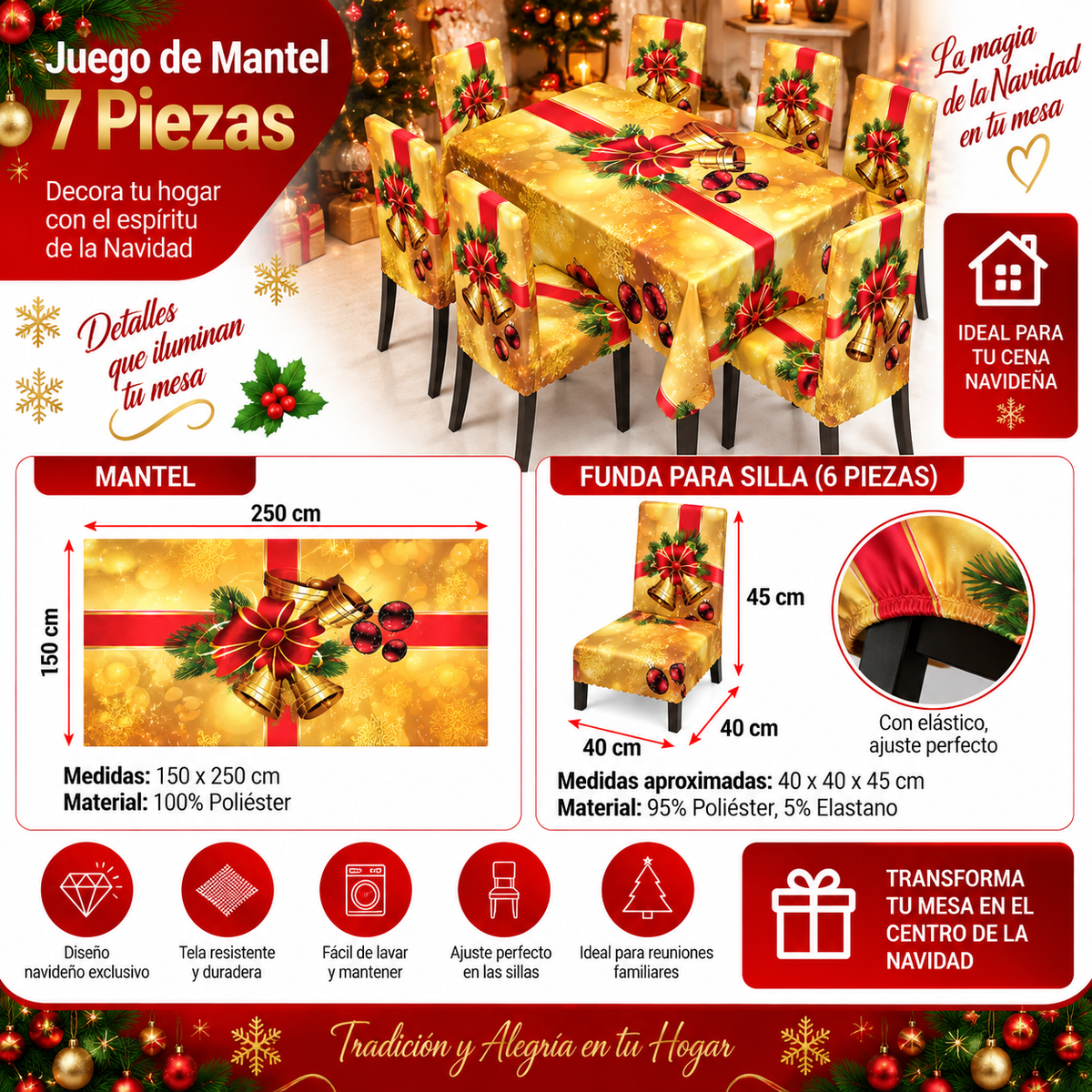 Mantel Y Fundas de Silla Navideño Con Diseño de Campanas
