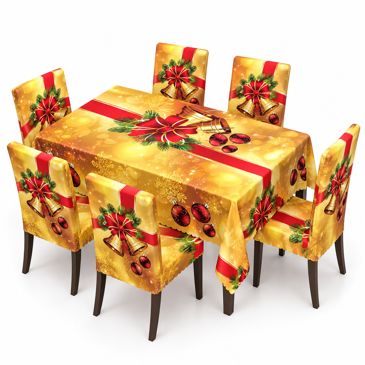 Mantel Y Fundas de Silla Navideño Con Diseño de Campanas