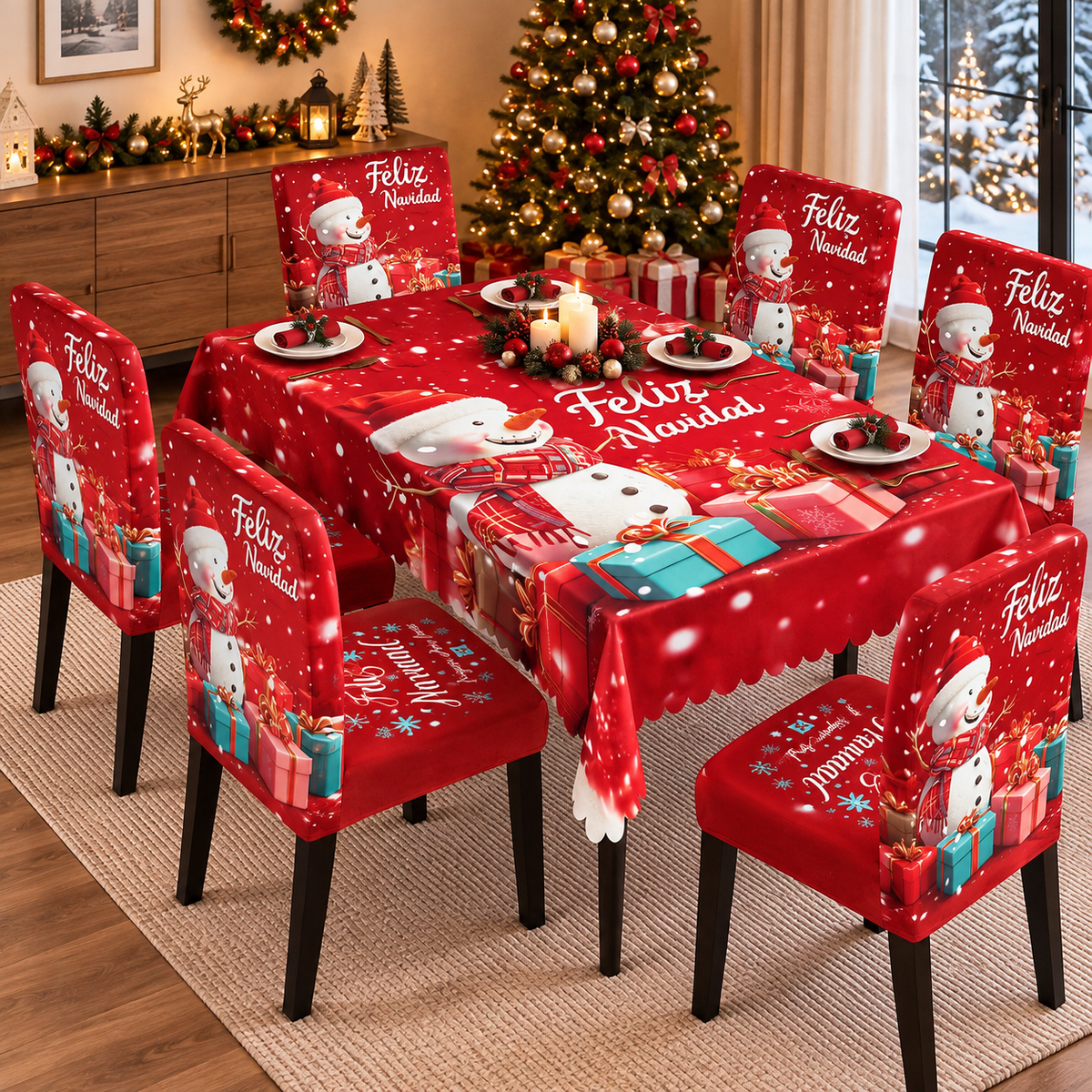 Mantel Y Fundas de Silla Navideño Con Diseño de Muñeco de Nieve