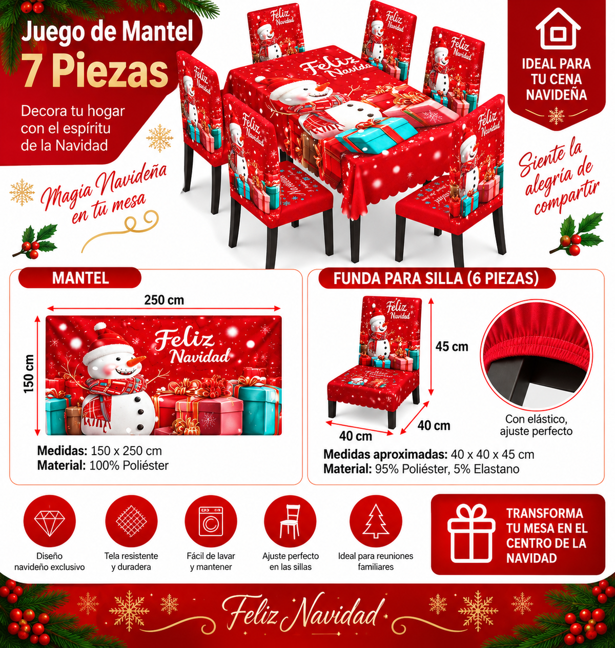 Mantel Y Fundas de Silla Navideño Con Diseño de Muñeco de Nieve