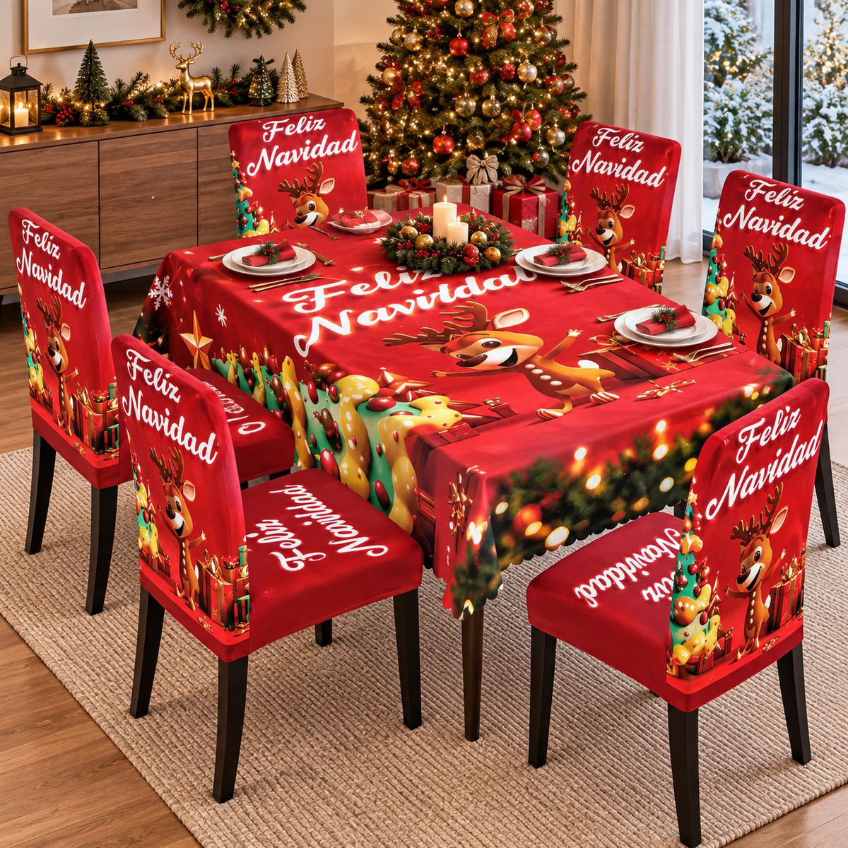 Mantel Y Fundas de Silla Navideño Con Diseño de Reno