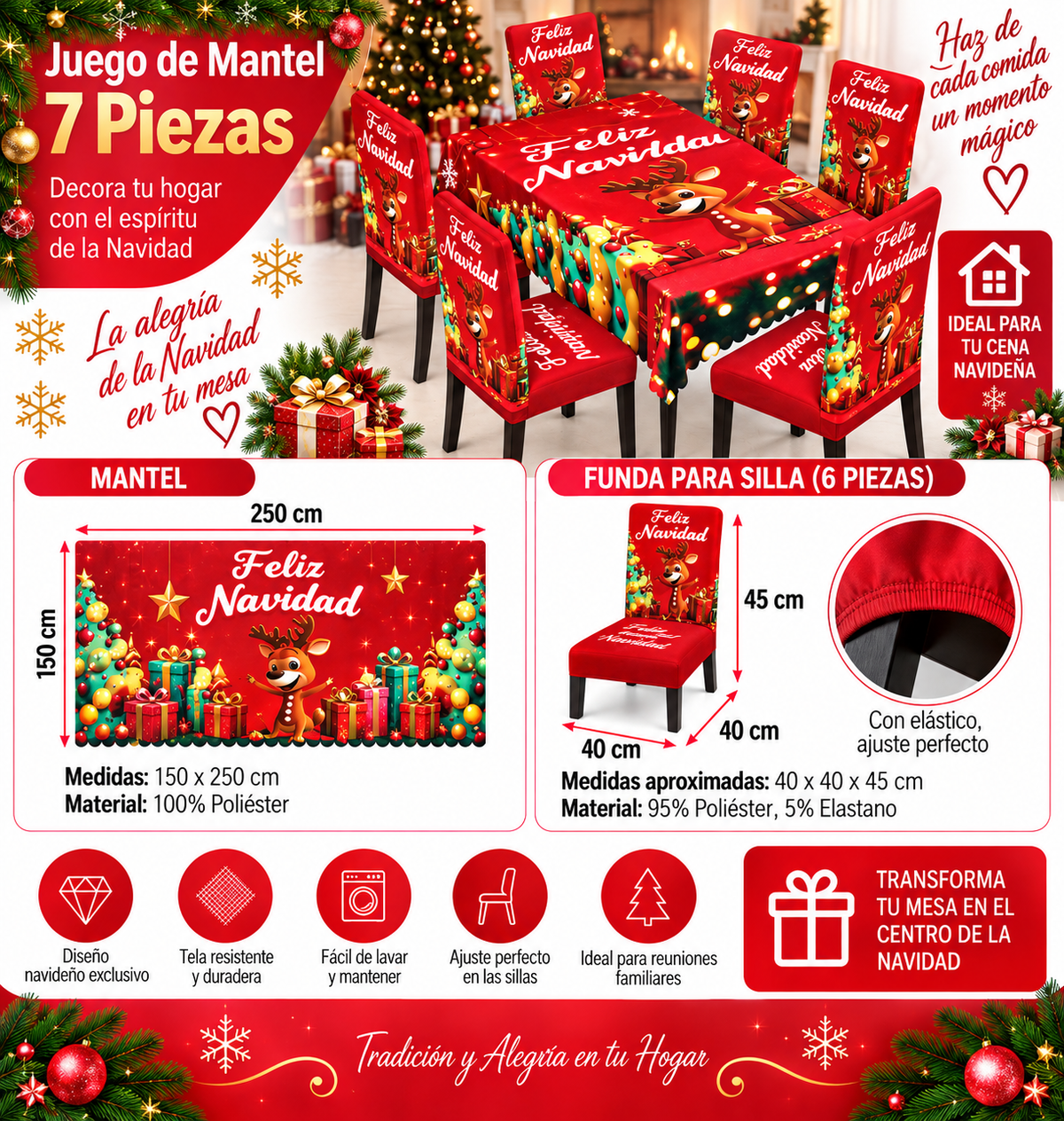 Mantel Y Fundas de Silla Navideño Con Diseño de Reno