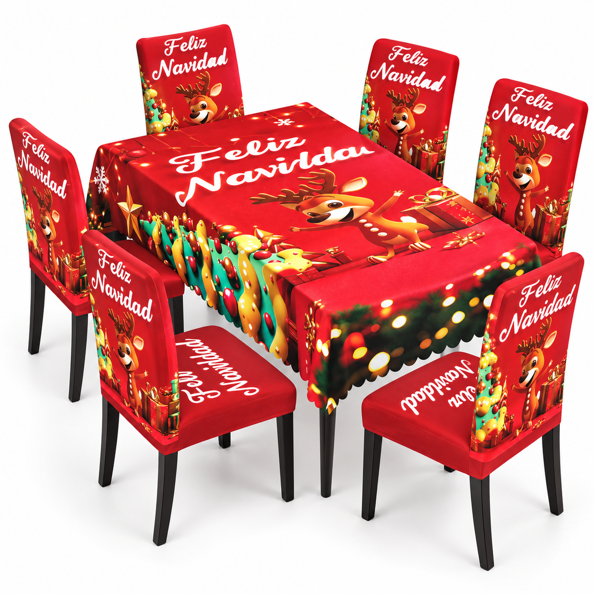 Mantel Y Fundas de Silla Navideño Con Diseño de Reno