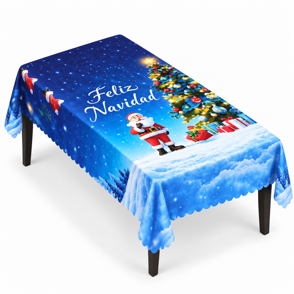 Mantel Y Fundas de Silla Navideño Con Diseño de Santa Azul