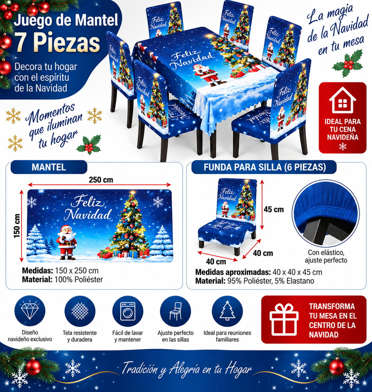 Mantel Y Fundas de Silla Navideño Con Diseño de Santa Azul