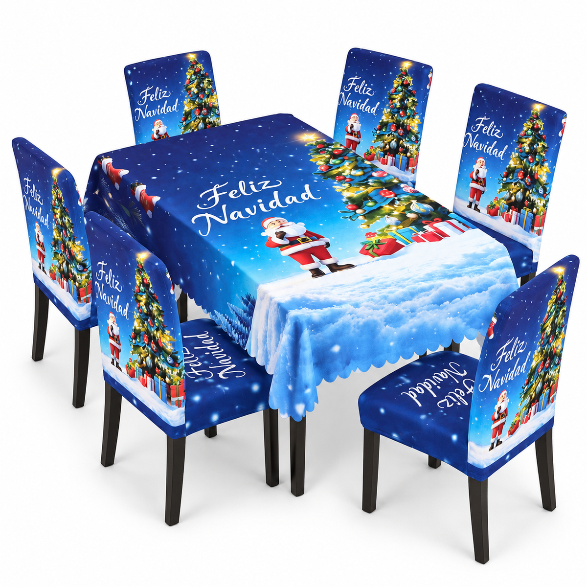 Mantel Y Fundas de Silla Navideño Con Diseño de Santa Azul