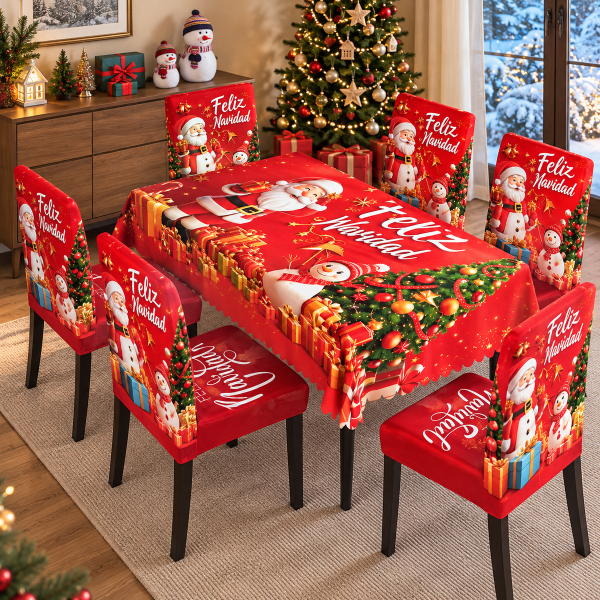 Mantel Y Fundas de Silla Navideño Con Diseño de Santa Y Muñeco De Nieve