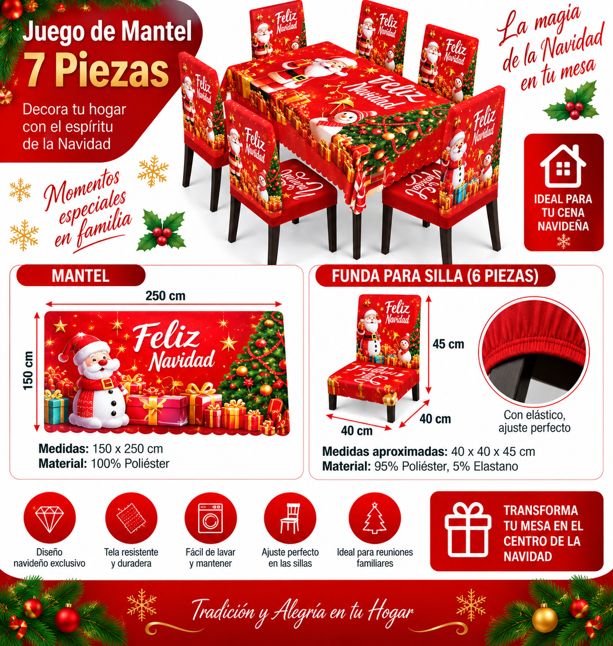 Mantel Y Fundas de Silla Navideño Con Diseño de Santa Y Muñeco De Nieve