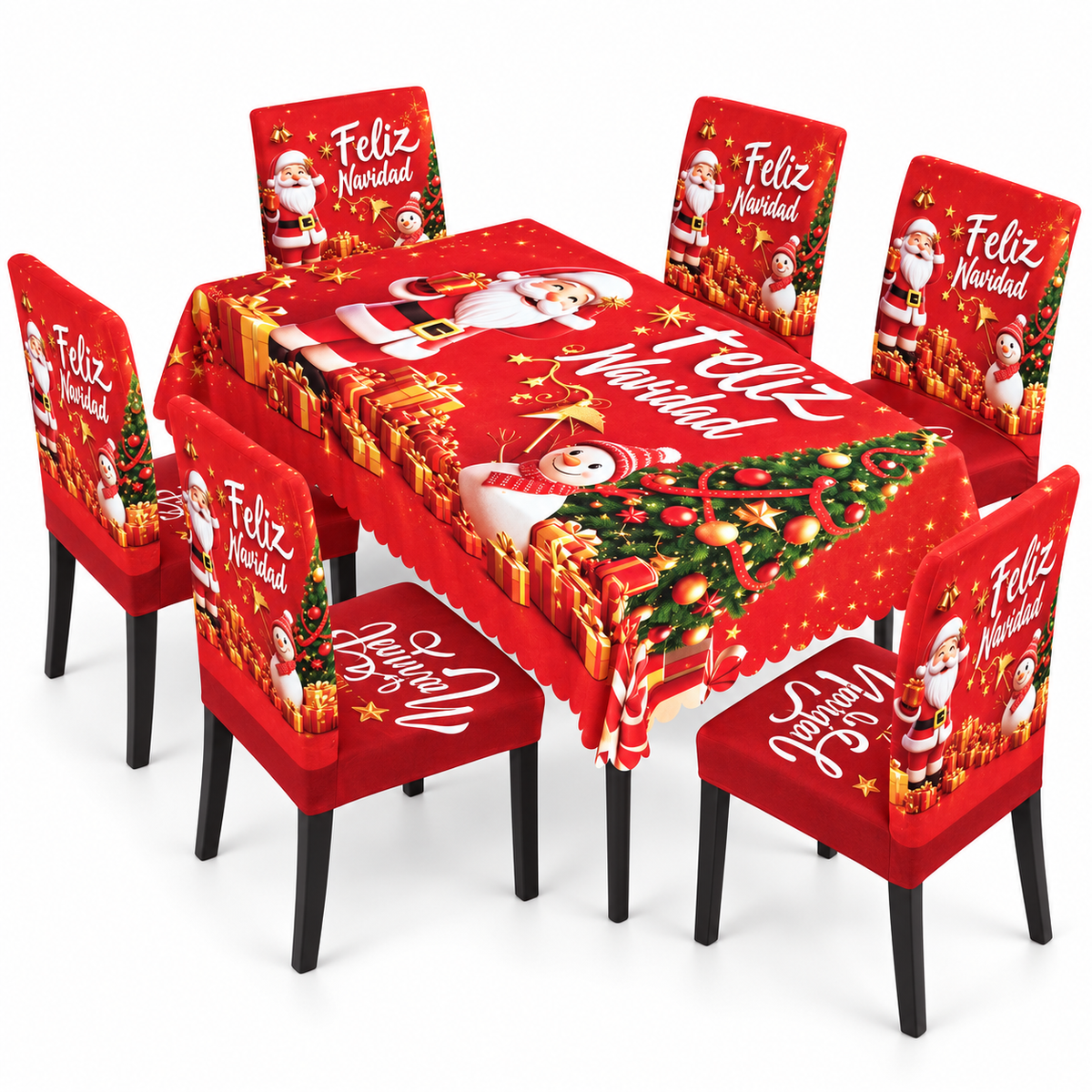Mantel Y Fundas de Silla Navideño Con Diseño de Santa Y Muñeco De Nieve